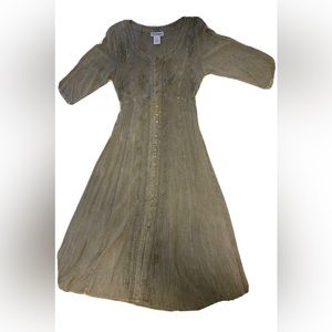 Vintage Bohemian Mint Green Embroidered Empire Waist Button Maxi Dress India M